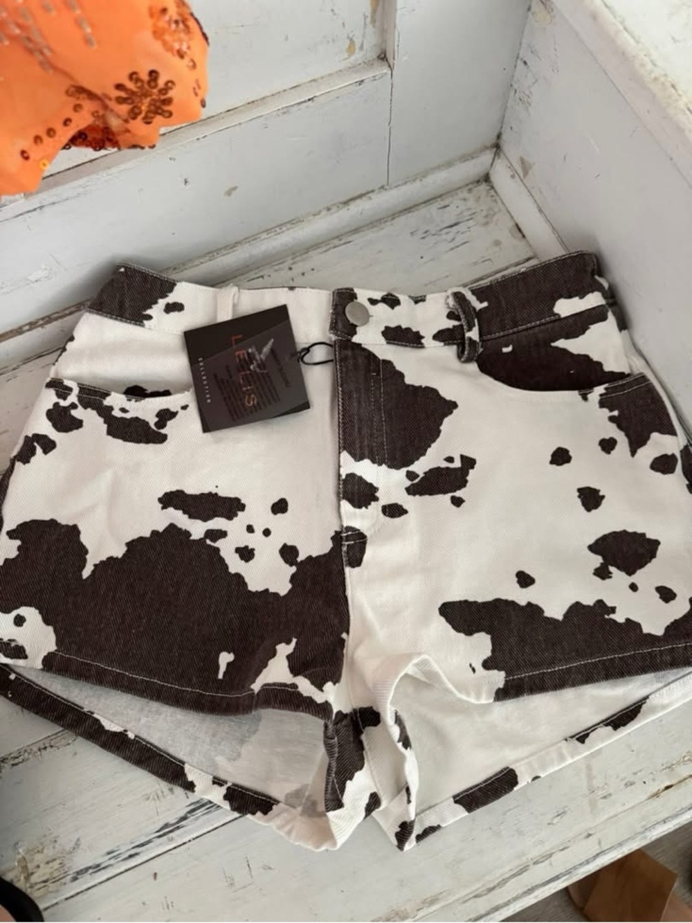 Le Lis Cow-Print High-Rise Jean Shorts - Black & White